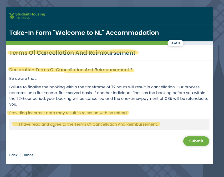 Page 14 last reminder before submitting form and make payment