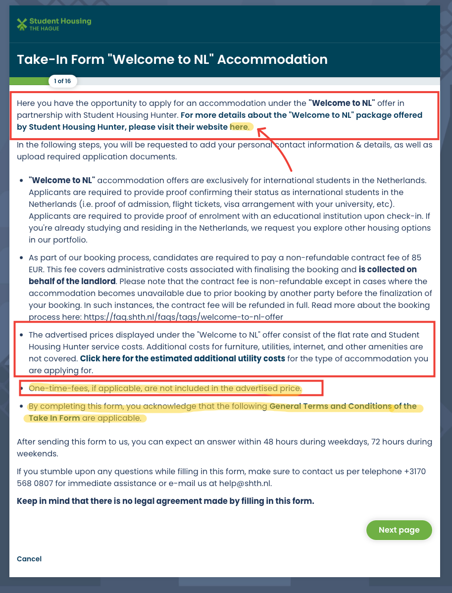 Page 1 terms & conditions notice + informing about the non-refundable one time payment